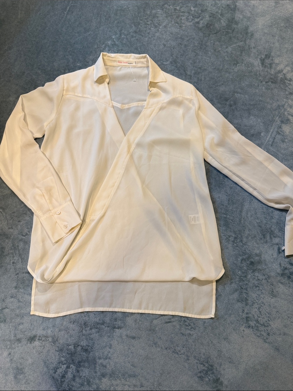 Love Tree Happens Ivory Sheer Faux-Wrap Draped Blouse, Sz small
